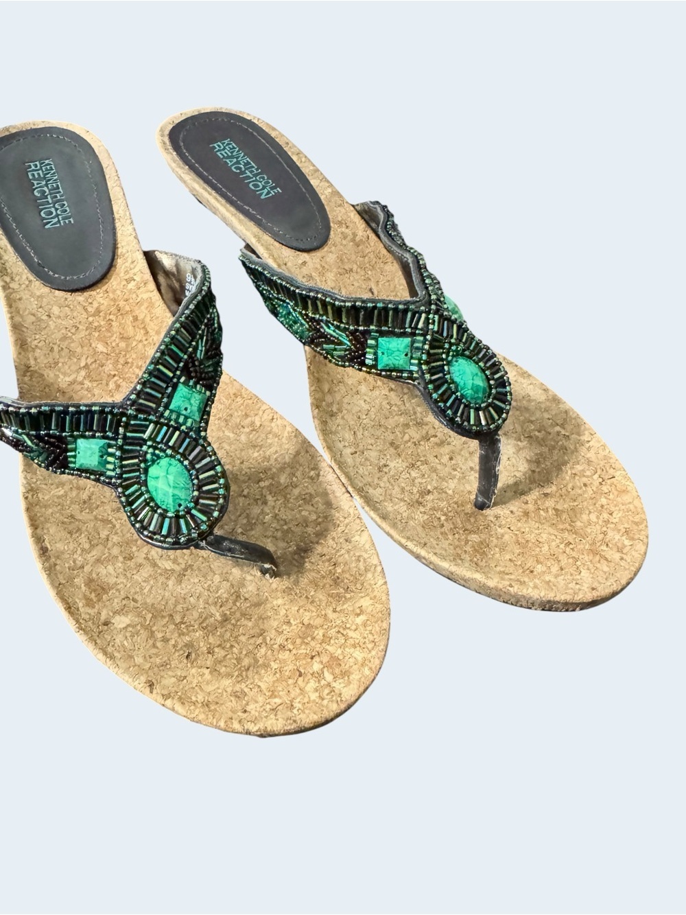 Kenneth Cole Reaction Women's Faux Turquoise & Beaded Thong Sandal Sz 9.5M - Picture 7 of 11